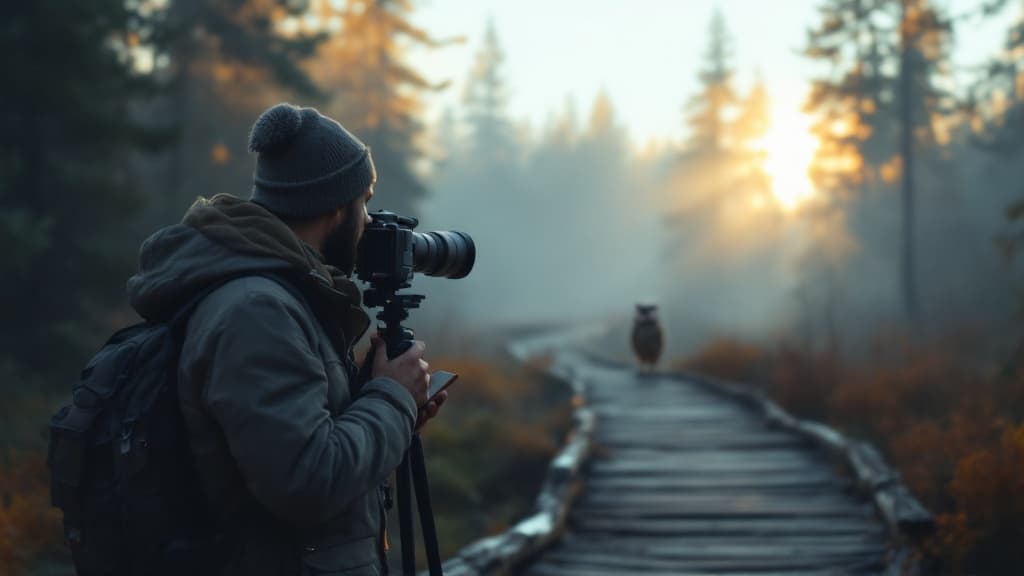 Wildlife photographer capturing a scene in golden light